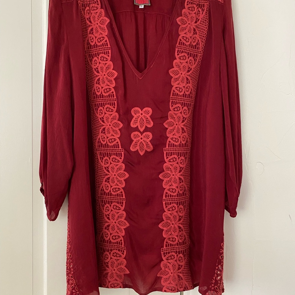 Johnny Was Burgundy Embroidered Eyelet Tunic Top Size XL